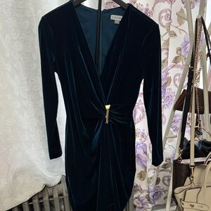 Calvin Klein Emerald Velvet Long-Sleeve Wrap Dress with Gold Clasp